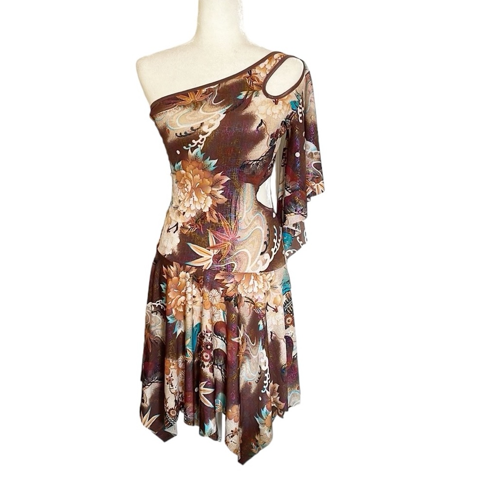 Vintage Brown Floral Asymmetrical Dress